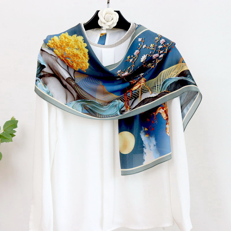 Blue Animal Print Mulberry Silk Crepe Scarf & Hairband