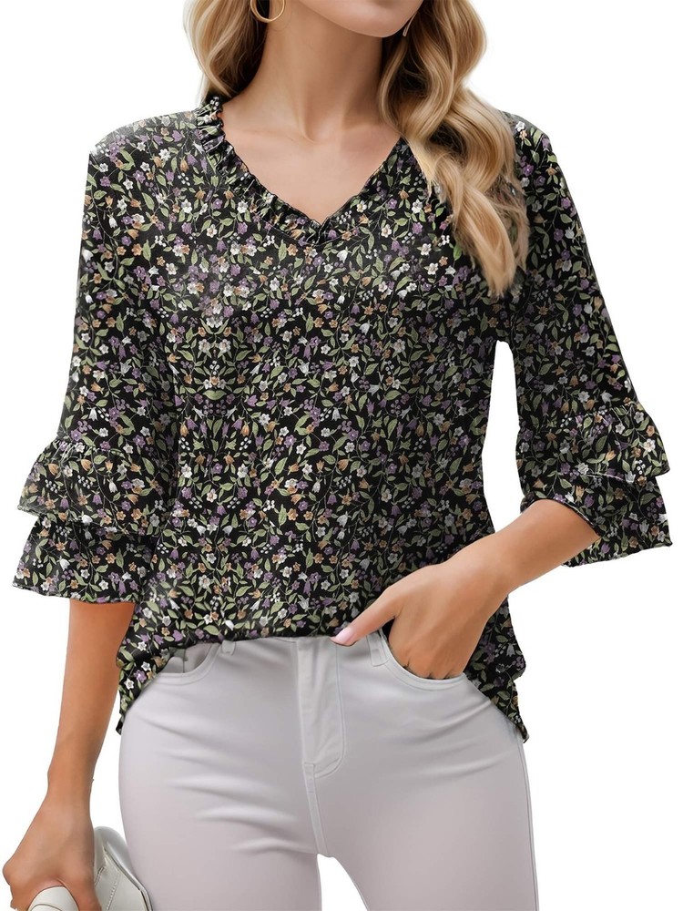 Womens V Neck 3/4 Bell Sleeve Tops Frill Neck Tiered Ruffle Sleeve Shirts