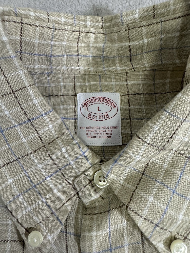 Camisa Brooks Brothers 1818 Regent Grande Beige Todo Irlandés Lino Abotonada