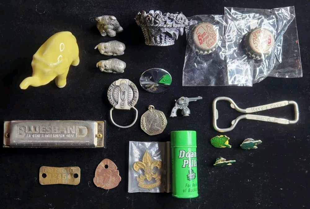 Vintage Junk Drawer Lot Of 20 - 1883 Dog Tag - Hohner - BSA - Coca Cola - ETC
