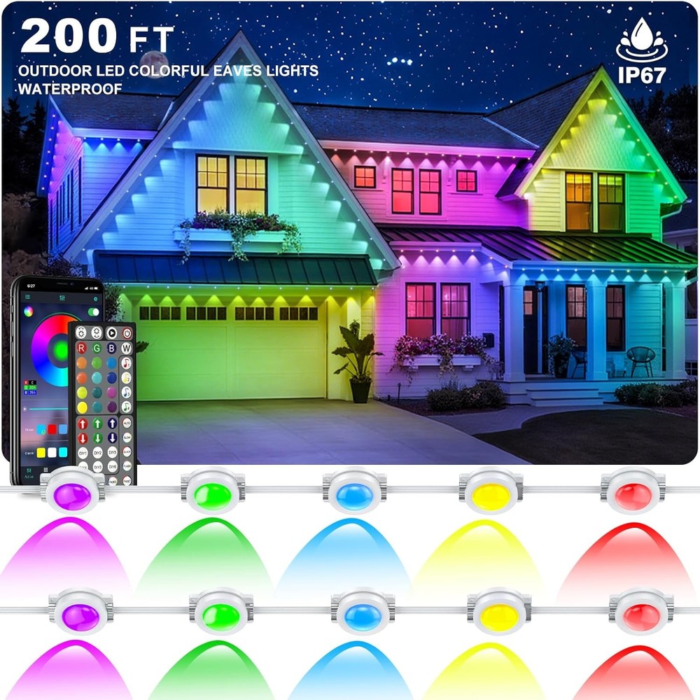 Permanent Outdoor Lights,200FT RGB Eave Light,IP67 Waterproof Lighting for House