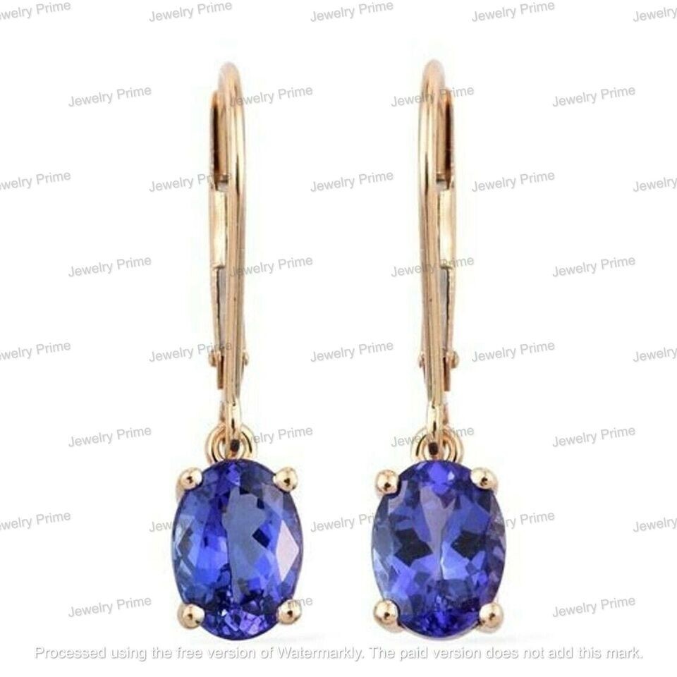 Drop Simulated Tanzanite Oval Earrings 4Ct 14K Gold Plated Silver