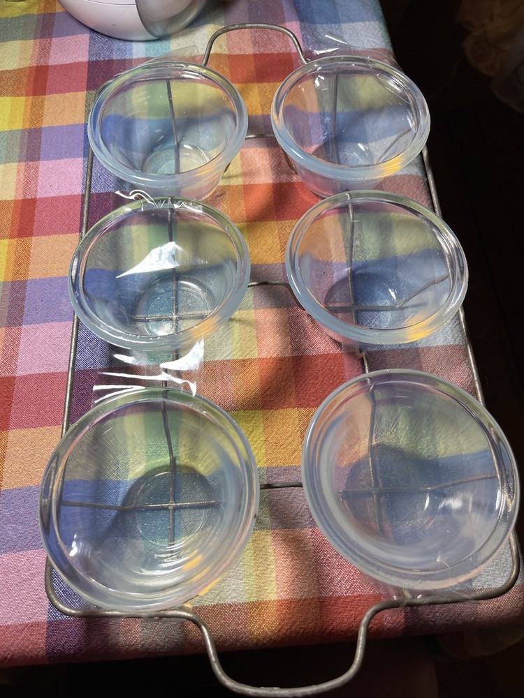 Vintage 1936 HC Fry Pearl Opalescent Custard Cups Set of 6 with Metal Carrier
