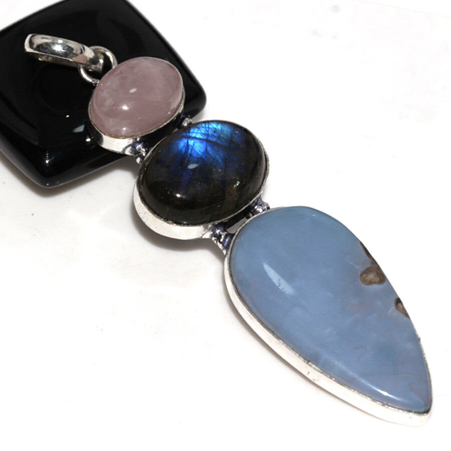 925 Silver Plated Owhyee Blue Opal Fiery Labradorite Long Pendant 3.3