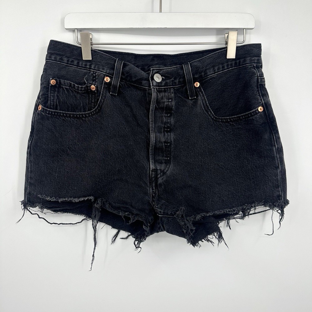 Levi's 501 Black Distressed High Rise Shorts Size 31 Rodeo Boho Festival Grunge