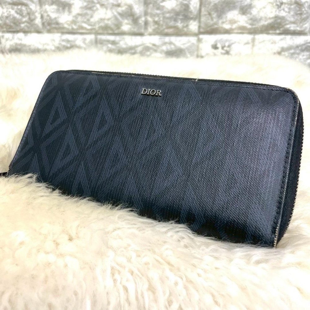 Dior Diamond Zipper Long Wallet Black Leather All-Over Pattern Pre-Owned