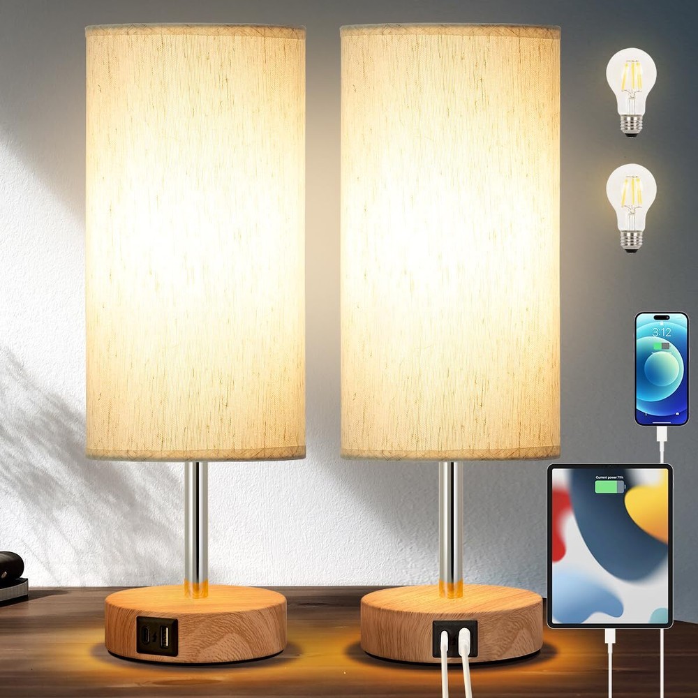 Yarra-Decor Dual USB A+C Charging Bedside Lamps Touch Control Set of 2