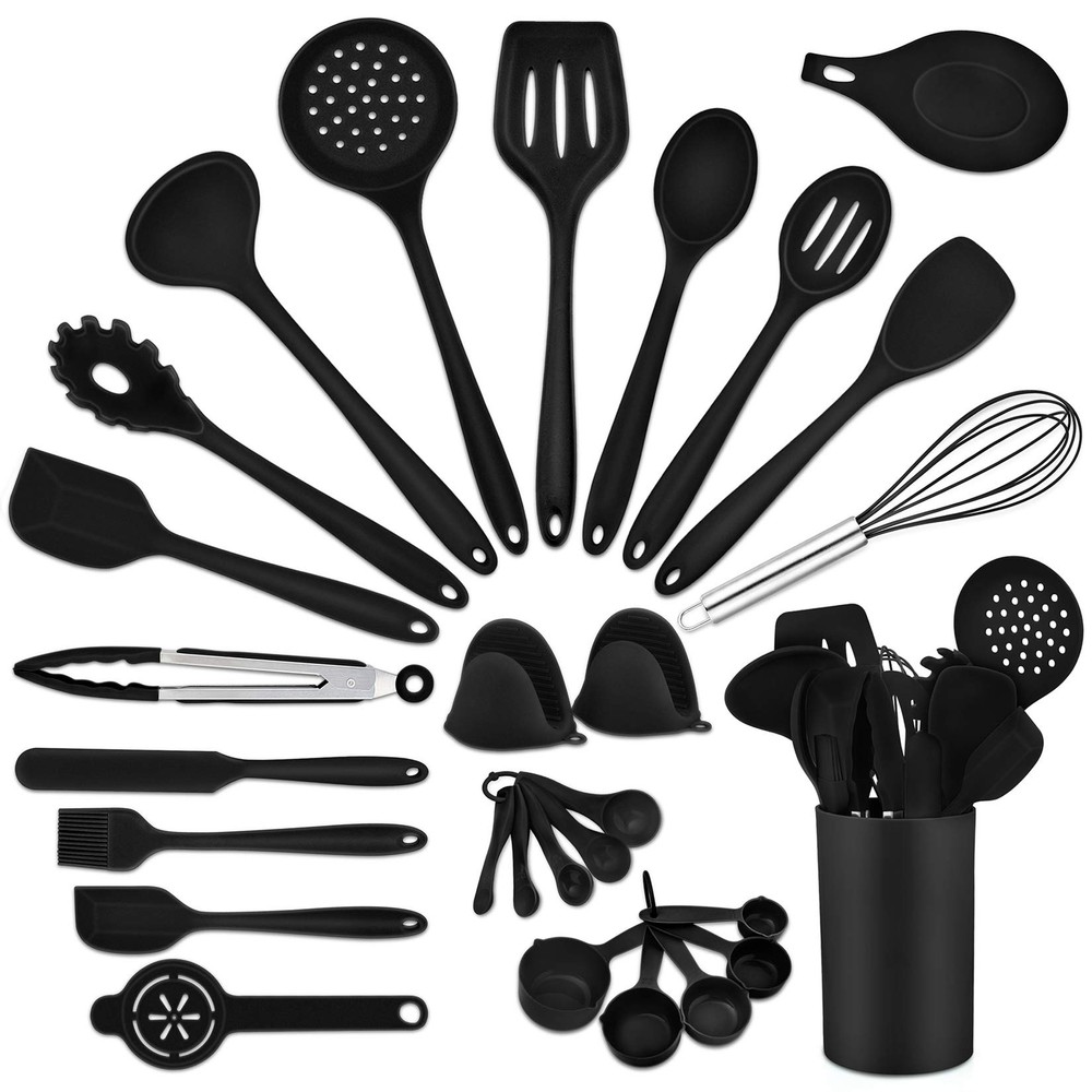 Black Kitchen Utensils Silicone Cooking Utensil Set, 28Pcs Baking Utensils Sp...