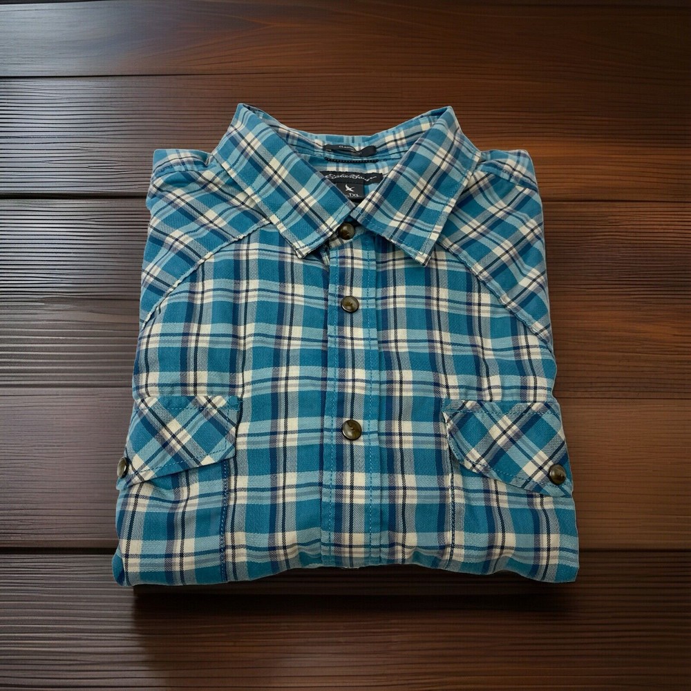 Eddie Bauer Men's Blue Beige Plaid Snap Button Down Shirt with Pockets - TXL