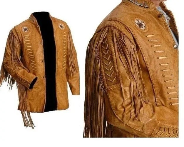 Men Western Cowboy Fringe Jacket Beaded Native American Real Leather Jacket