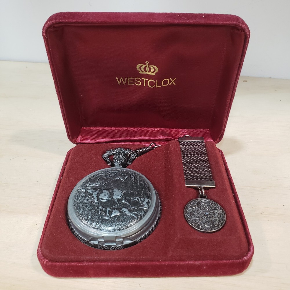 Vintage 1970’s Westclox Train Pocket Watch & Chain w/Original Box