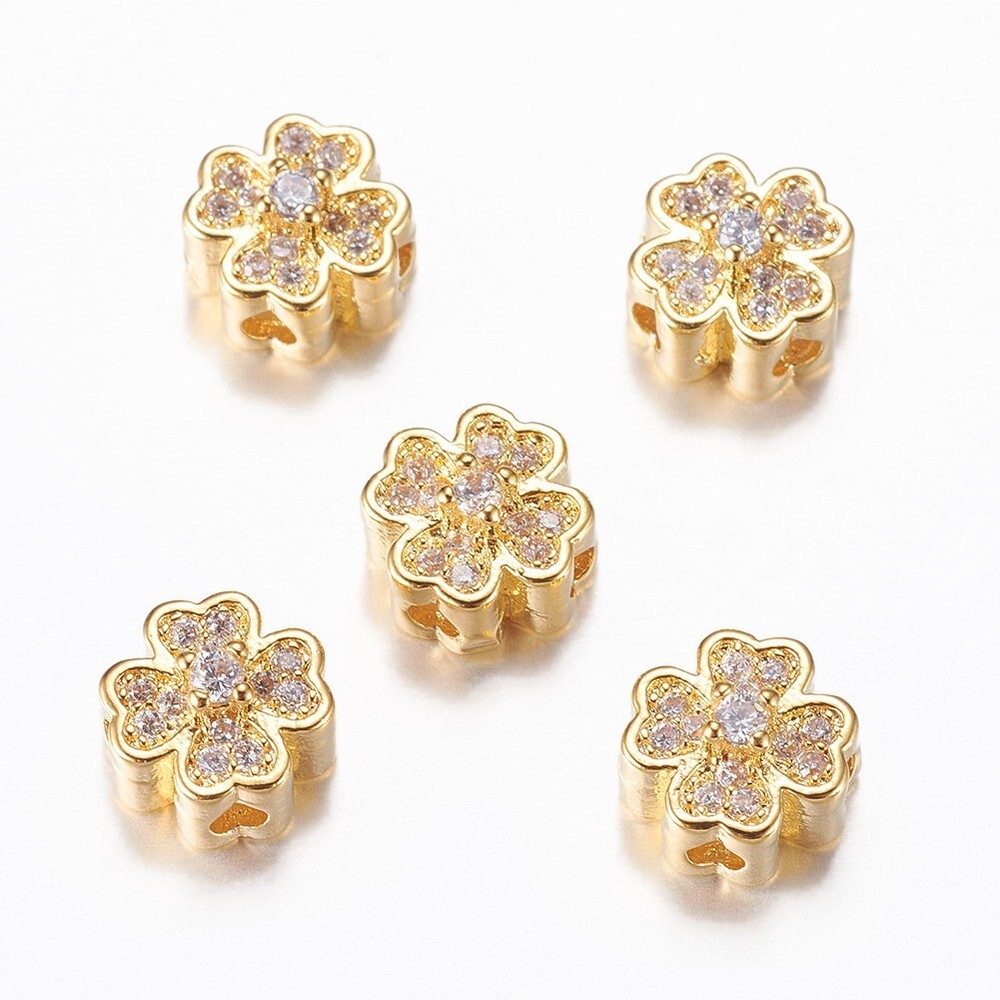 10Pcs Real 18K Gold Plated Brass Micro Pave Cubic Zirconia Flower Beads 8x5mm