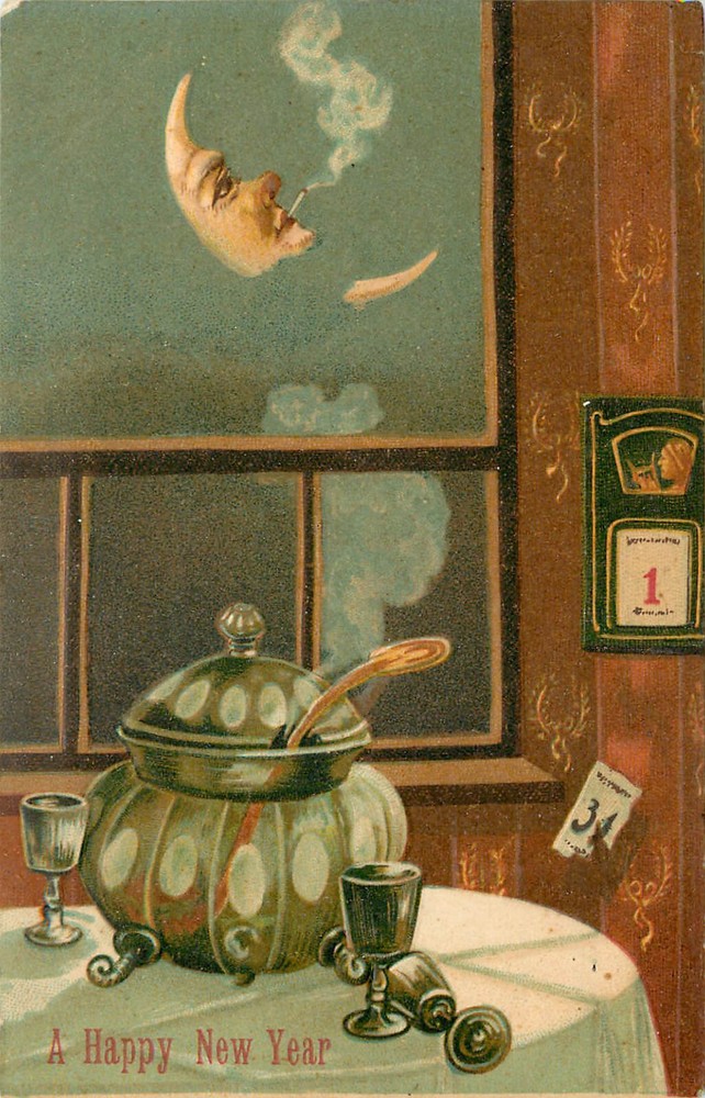 Embossed New Years Postcard Crescent Moon Smokes Cigarette Punch Bowl Steams-image