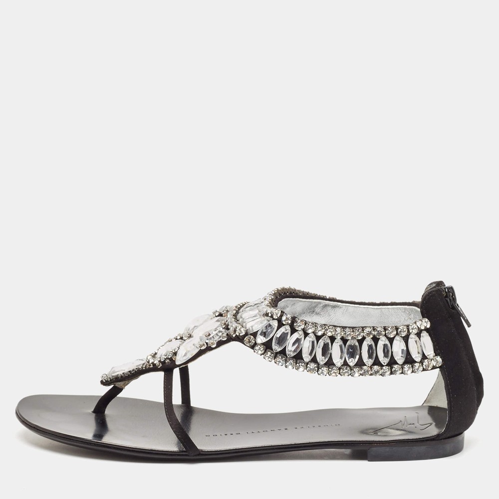 Giuseppe Zanotti Black Satin Crystal Embellished Ankle Strap Flat Sandals Size