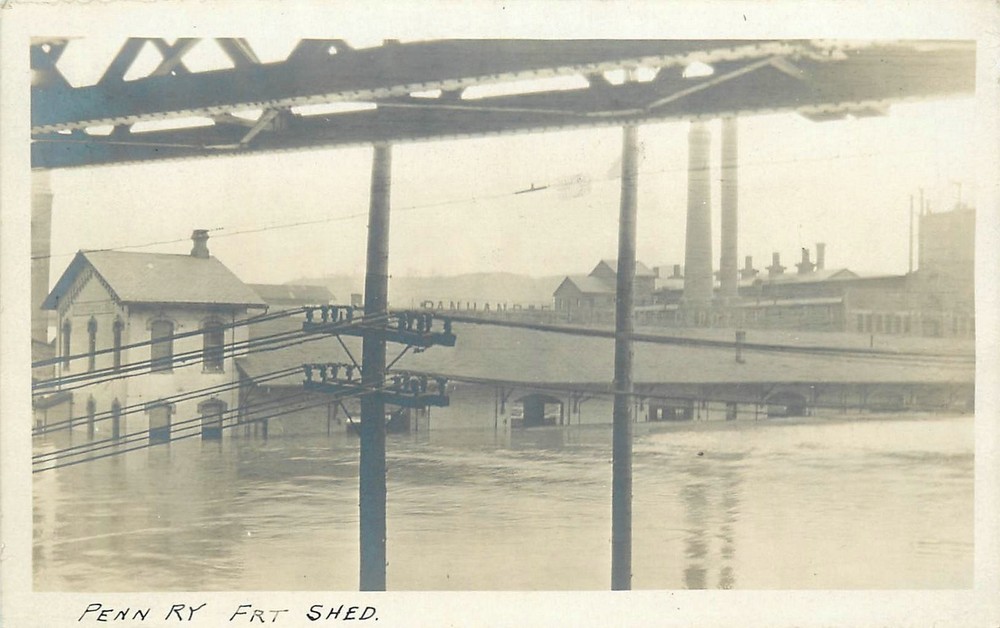 c1910 Pennsylvania Railroad freight shed Panhandle flood RPPC Postcard 25-7166