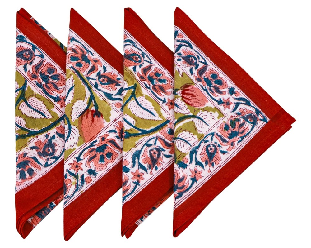 Red Pink Indian Hand Block Printed Cotton Table Napkins