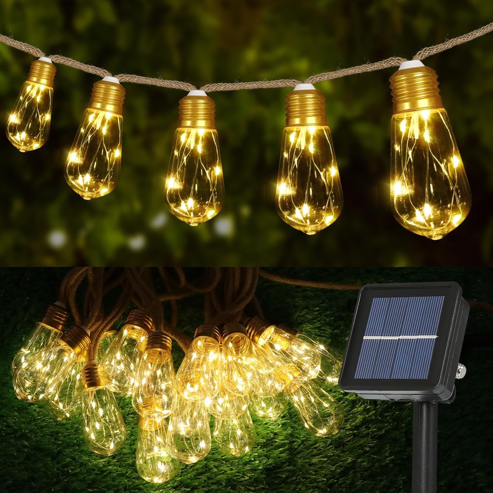 Solar Outdoor String Lights 24FT Vintage Rope Hemp Solar Lights with 20 Shatt...