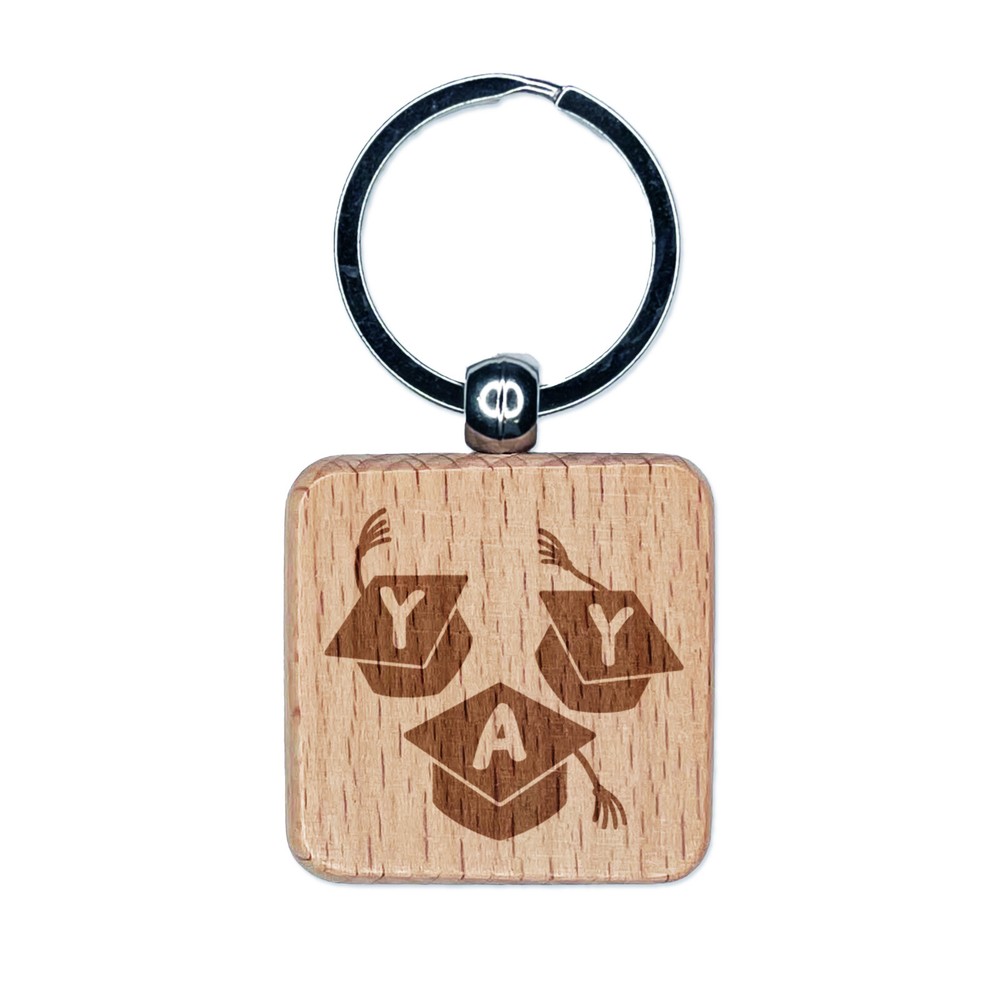 Graduation Caps Yay Graduate Congratulations Engraved Wood Square Keychain