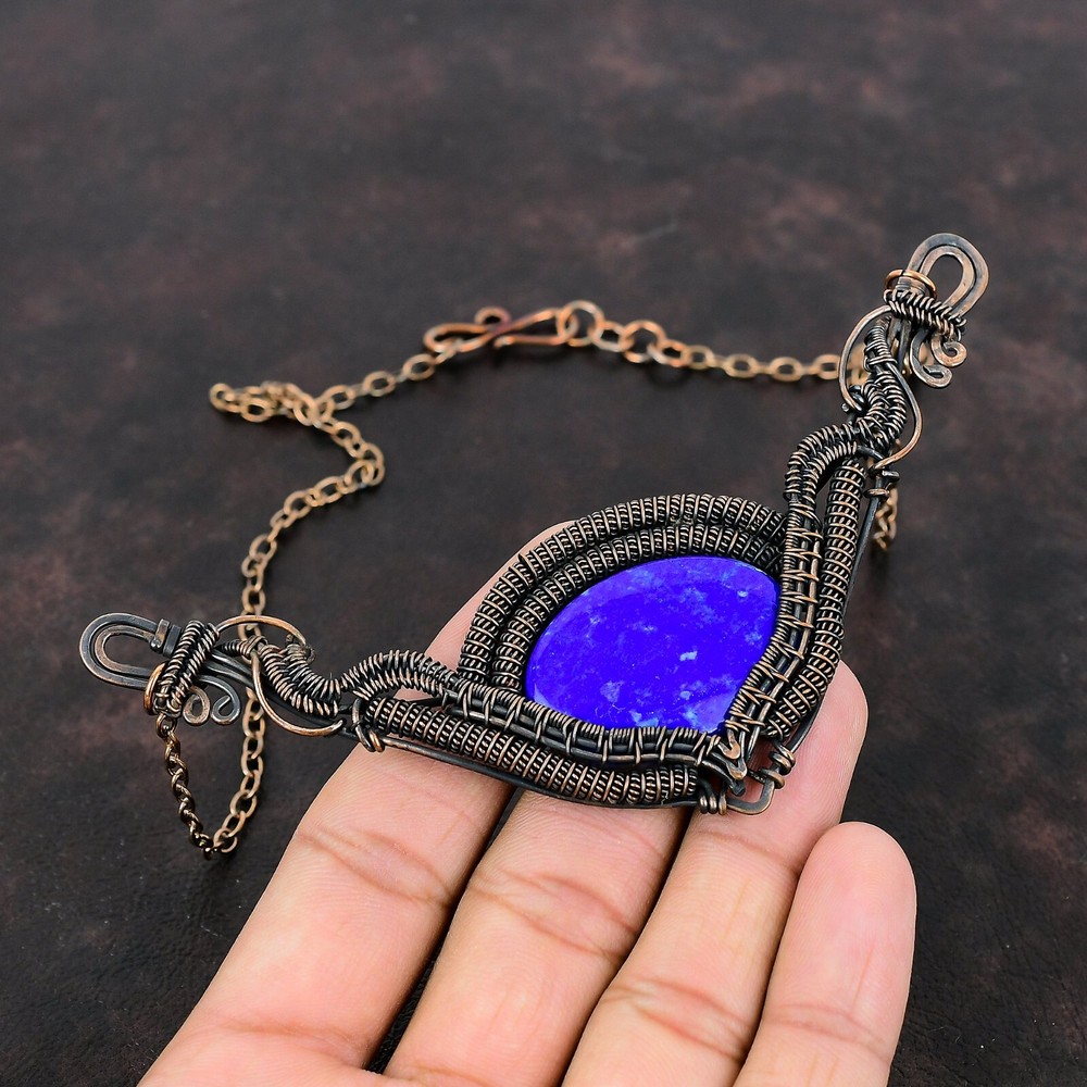 Christmas Sale Oval Lapis Lazuli Stone Copper Wire Wrapped Wife Necklace Jewelry-image