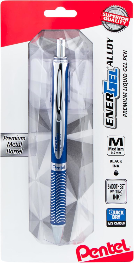 Pentel EnerGel Alloy Gel Pen 0.7mm Navy Silver Barrel Black Ink