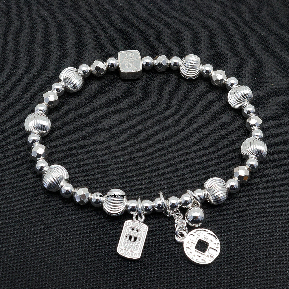 Pure 999 Fine Silver Bracelet Laser Ball Bead Chain Abacus Coin Charm 18-19g