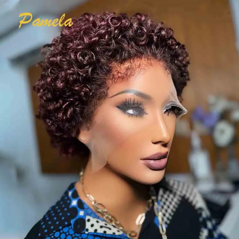 Burgundy Glueless Curly Bob Human Hair Wig with Transparent Lace