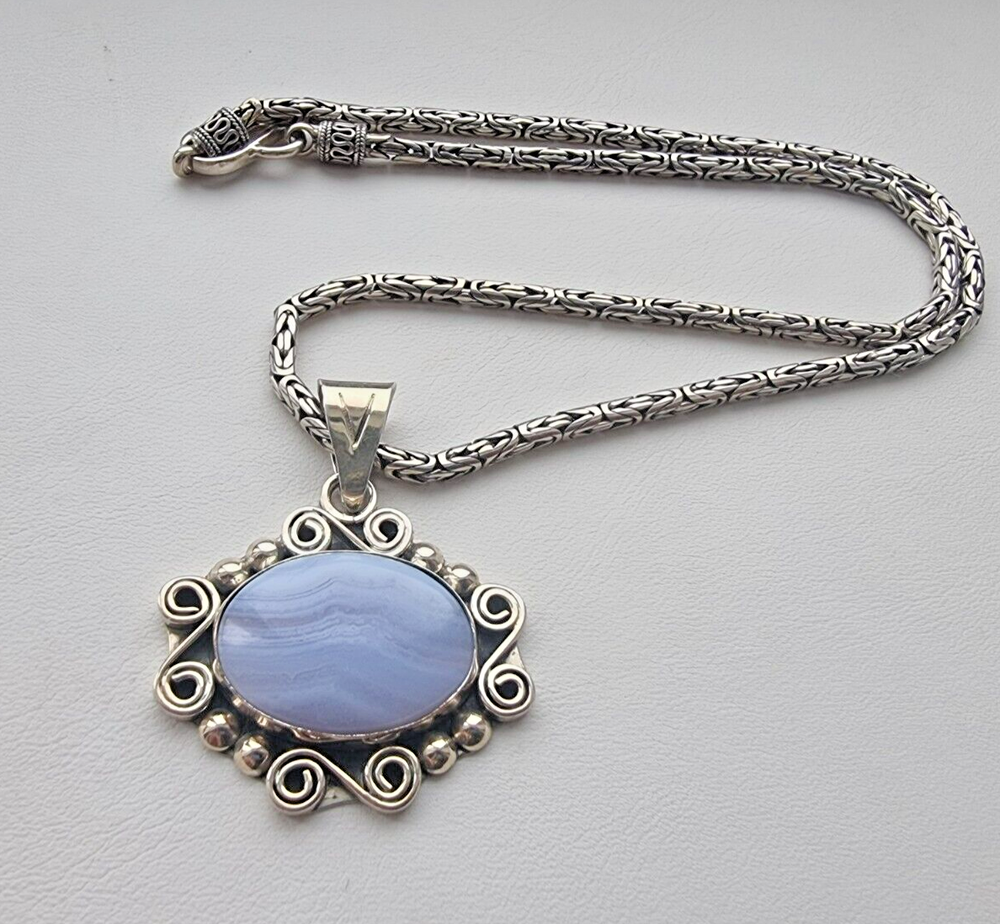 Vintage Mexico 925 Sterling Silver Blue Lace Agate Oval Necklace 26x19mm