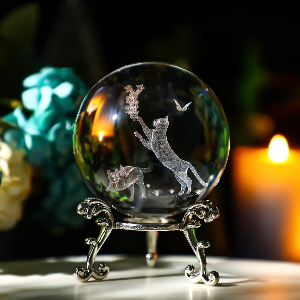 3D Cat lovers Women Figurine Crystal glass stand ball Ornaments Art Deco Table t