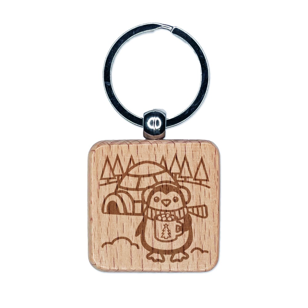 Winter Penguin Igloo and Hot Chocolate Engraved Wooden Keychain Charm  
