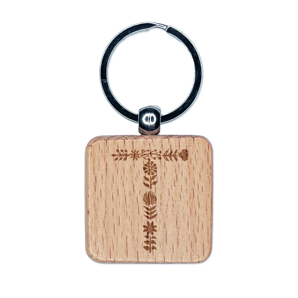 Elegant Botanical Floral Letter T Engraved Wood Square Keychain Tag Charm