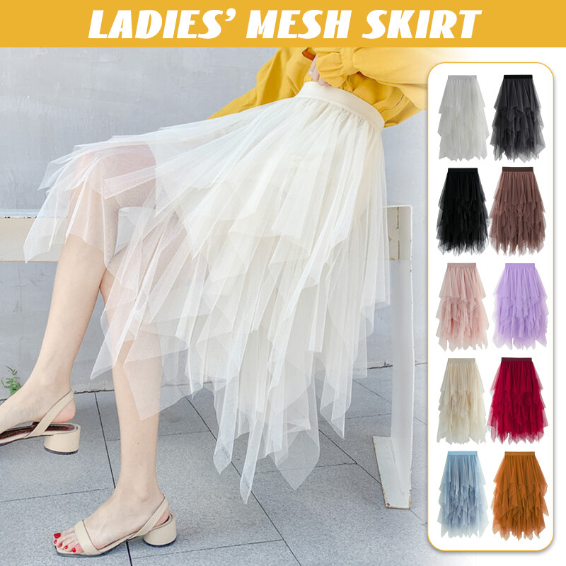 Womens Vintage Solid Color Layered Irregular Mesh Skirt Tulle Bubble Skirt