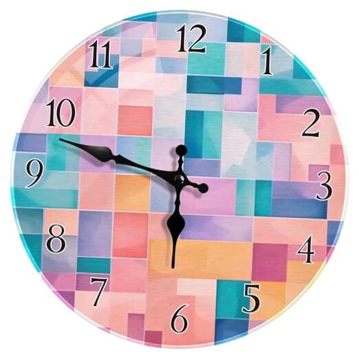 Round Wall Clock Silent Non-Ticking Battery Operated Glass Abstract Geometry