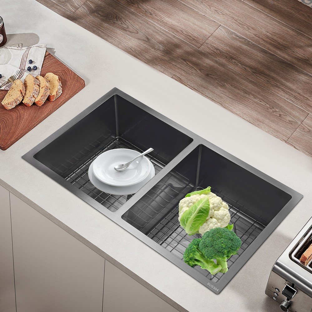 31-Inch Double Bowl Composite Drop-In Kitchen Sink with Stainless Steel 2-Bowl Set