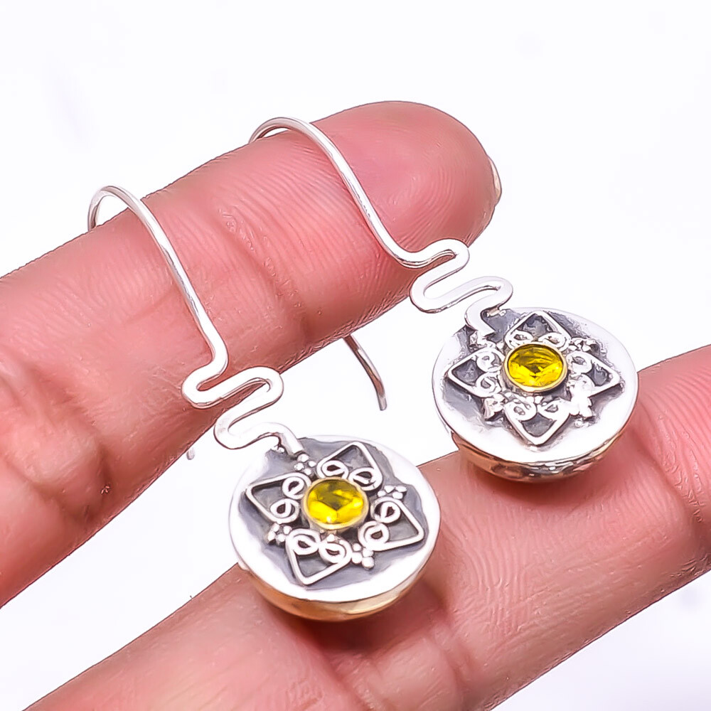 Citrine Gemstone 925 Sterling Silver Two-Tone Earrings 1.56 Inch Valentine Gift E63
