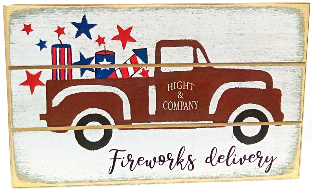 Fireworks Delivery Truck Block Sign Wood White Red Blue Brown Distressed 5H