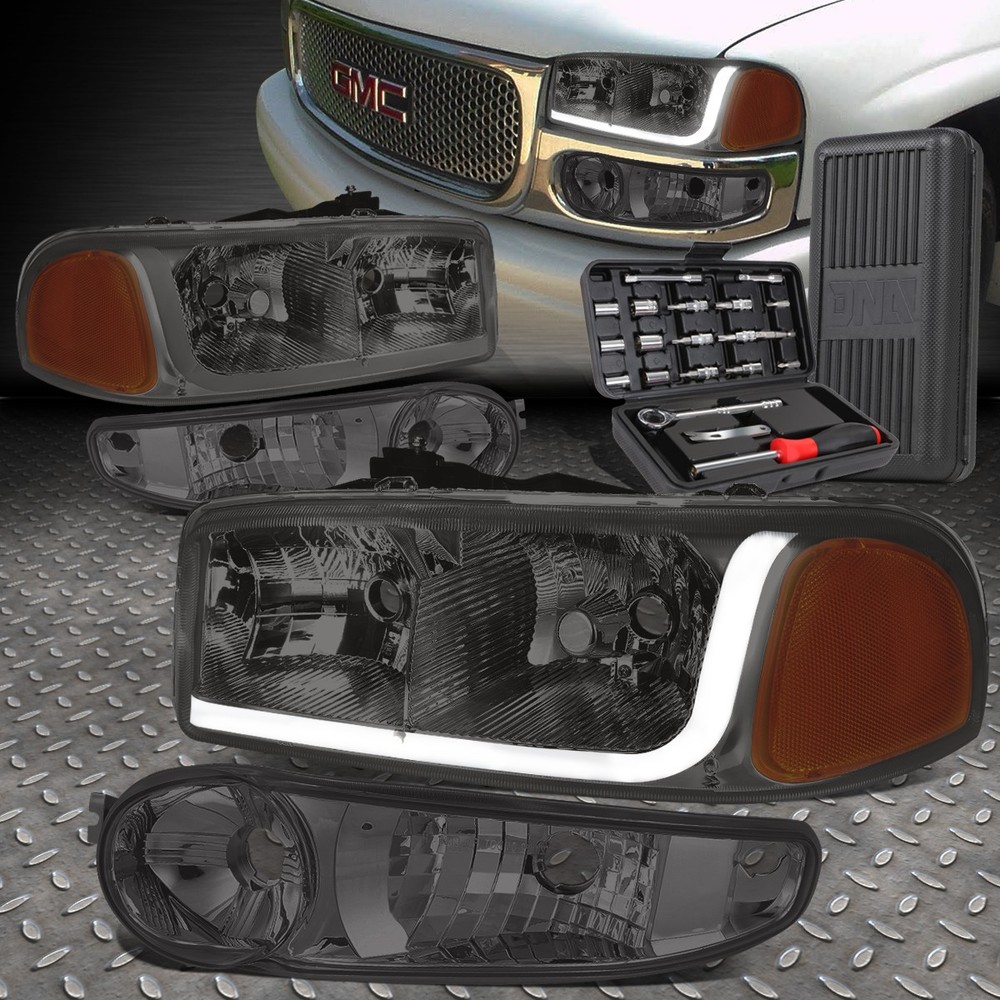 01-07 Sierra LED Smoked Amber DRL Corner Headlights with Bumper Lamp & Tool Kit  