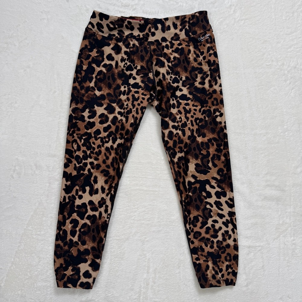 Calvin Klein Leggings Womens Large Brown Leopard Performance High Rise Crop