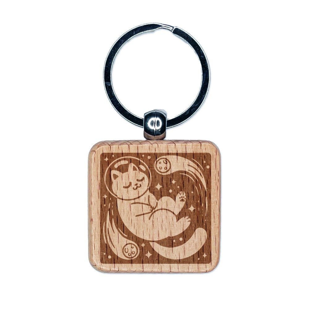 Dreamy Space Cat Engraved Wood Square Keychain Tag Charm