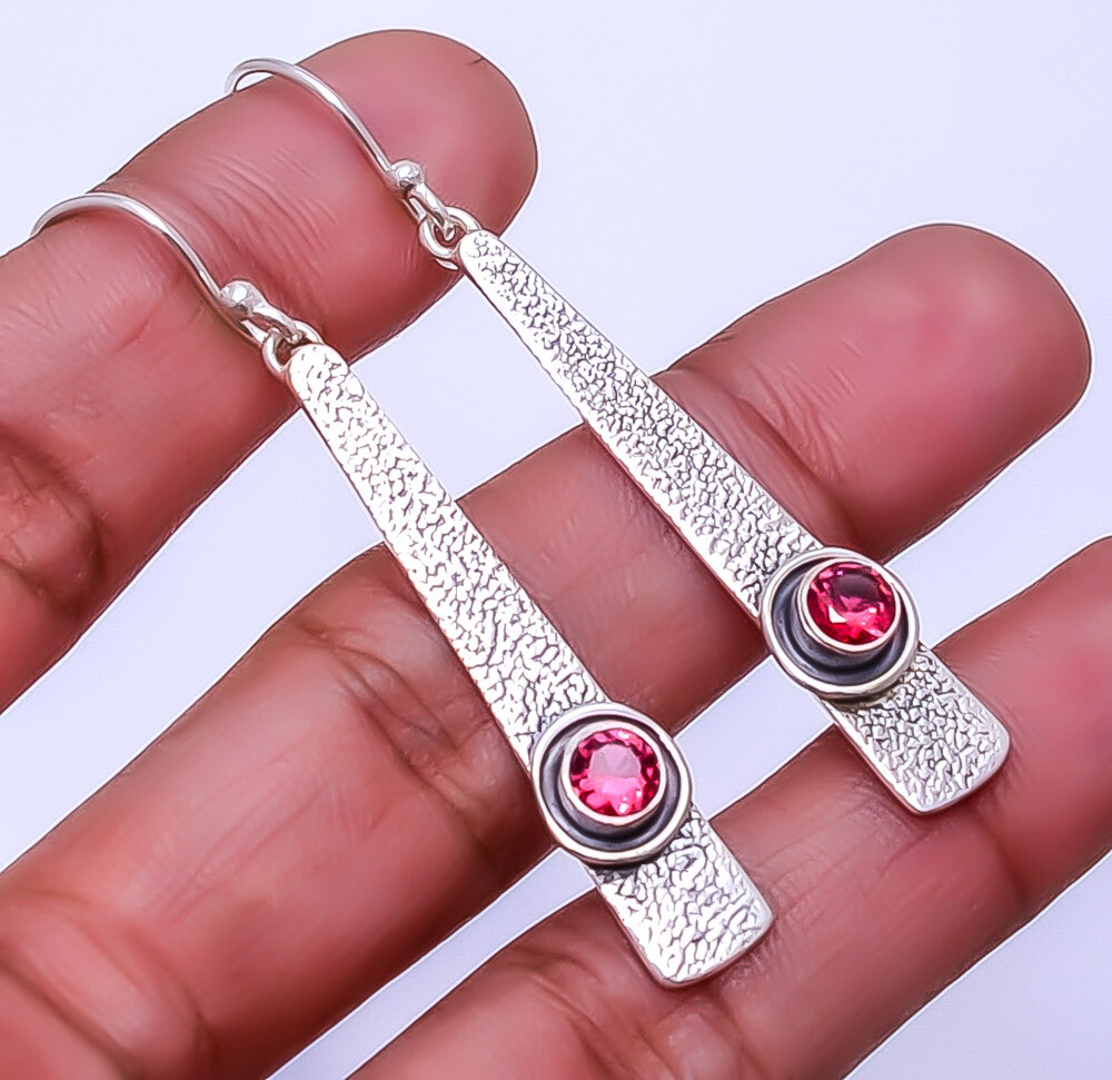 Pink Rubellite Tourmaline Designer Handmade 925 Sterling Silver Earring 2.34