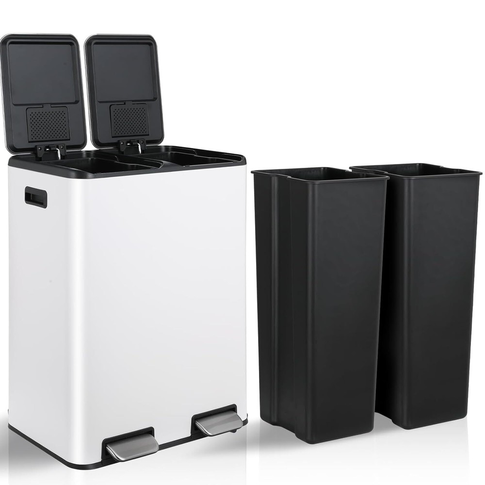 16 Gallon Stainless Steel Kitchen Trash Can Dual Compartment Garbage Can W/ Lid