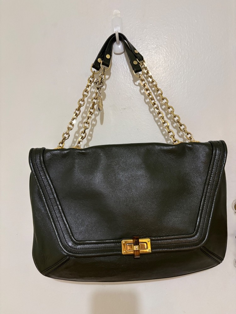 Auth LANVIN Paris Vintage Olive Green Leather Chain Shoulder Bag Bamboo Lock