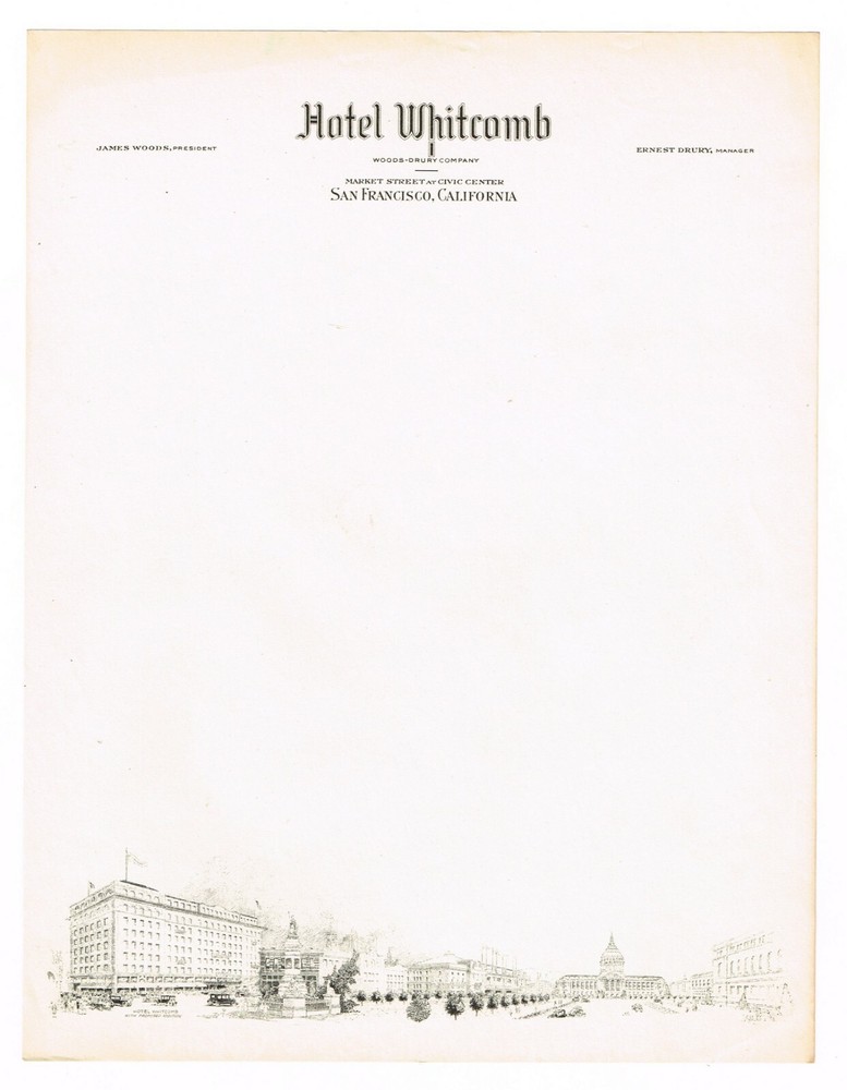 HOTEL LETTERHEAD WHITECOMB SAN FRANCISCO VINTAGE C1920 8.5X11