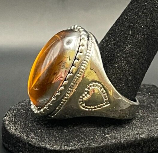 Vintage Antique Silver Tone Rhinestone Baltic Amber Heart Ring - Size 10