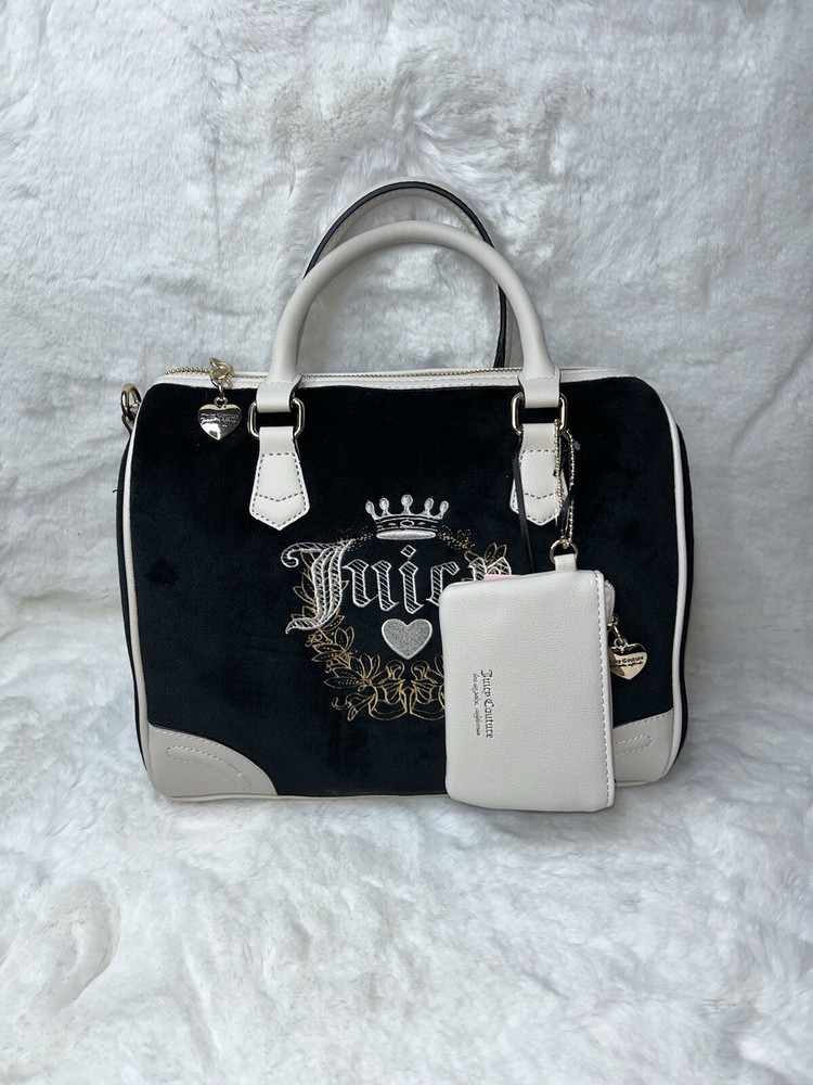 NWT Juicy Couture Velour Heritage Satchel Purse Black Liquorice Crystal