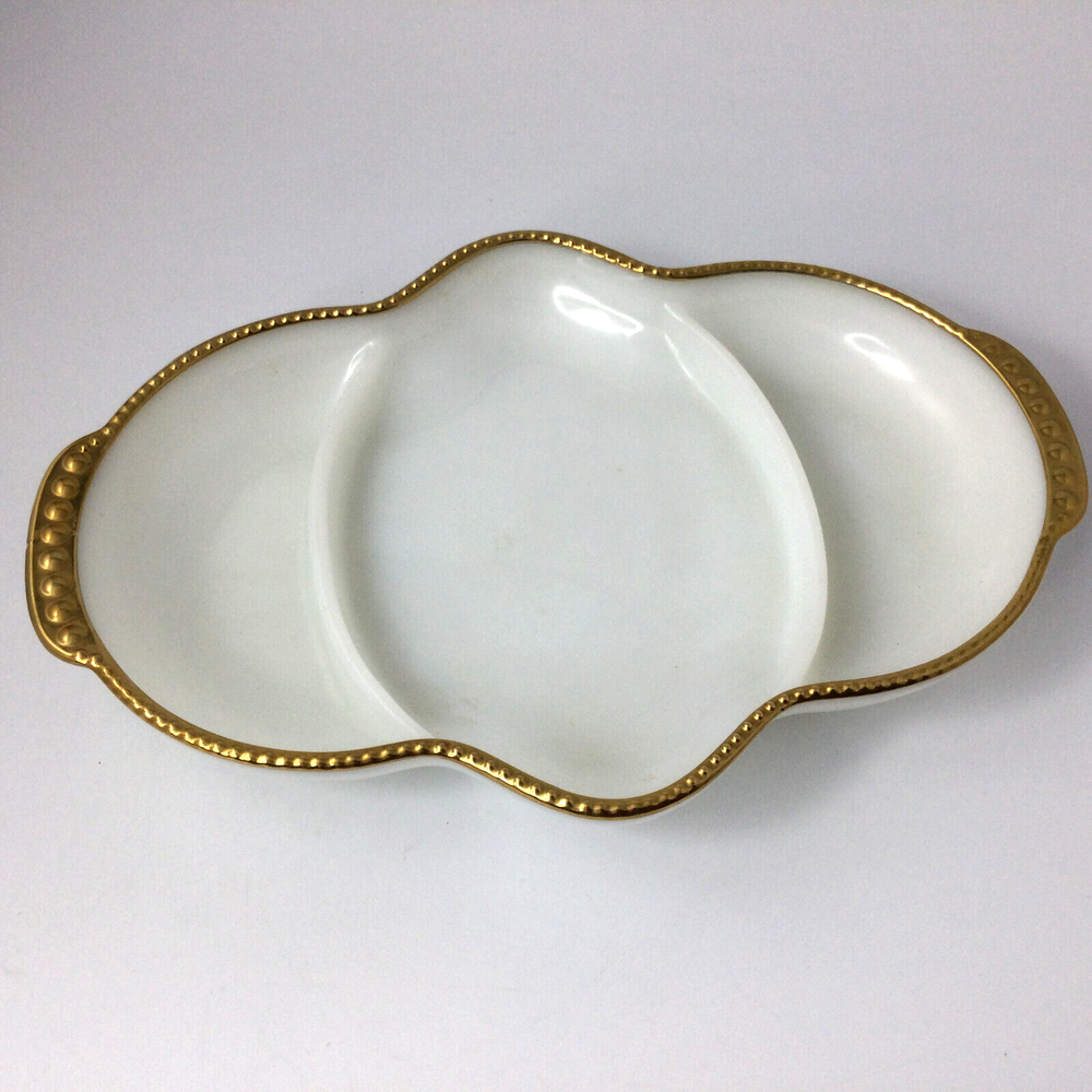 Vintage Fire King Milk Glass Snack Bowl with Gold Trim for Candy or Nuts
