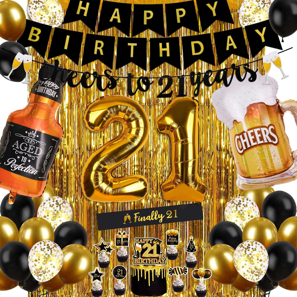 21St Birthday Decorations for Him, Happy Birthday Decorations Black and Gold 21