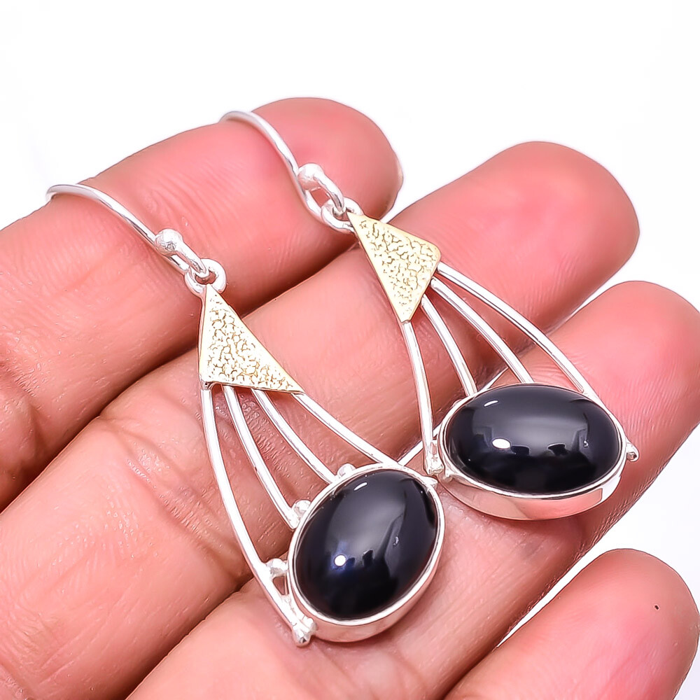 Natural Black Onyx 925 Sterling Silver Two Tone Earring 1.95