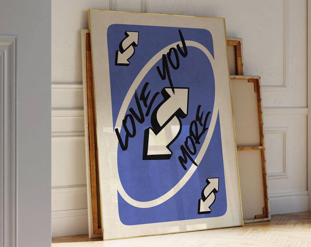 Love You More Print Blue Retro Wall Art Playing Card Wall Art Valentines Day