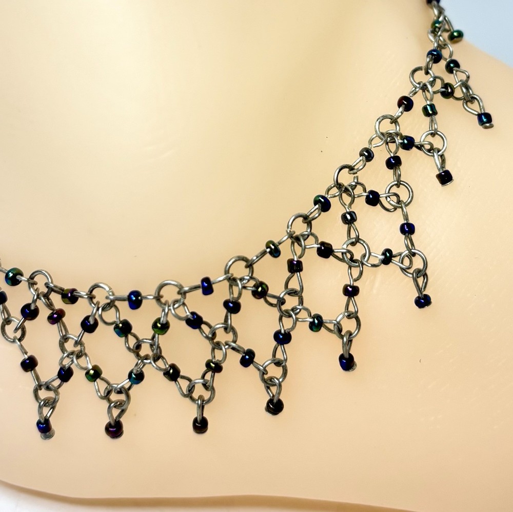 Vintage Silver Iridescent Seed Bead Diamond Weave Dangle Anklet 9.5 Inch Adjustable