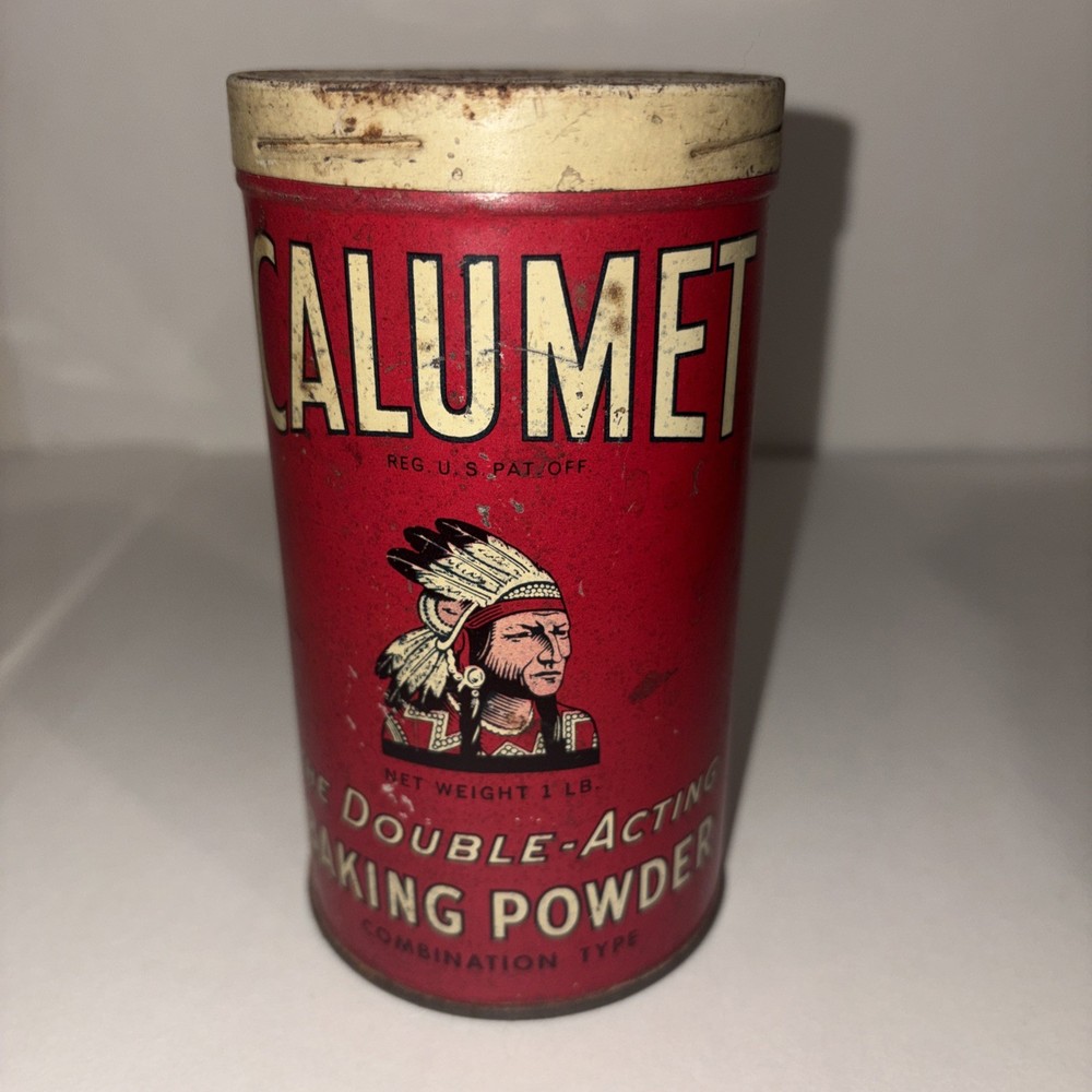 Vintage 1920's Calumet Baking Powder 1 Pound Tin / Metal Can w/ Lid